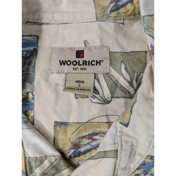 Woolrich Mens Large Stone Camping Elements All Over Print Cotton Button Up Shirt - Picture 2 of 8